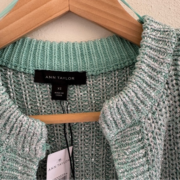 NEW Ann Taylor Studio Collection Shimmer Sequin Metallic Cardigan Aqua Mint XS - Picture 4 of 6
